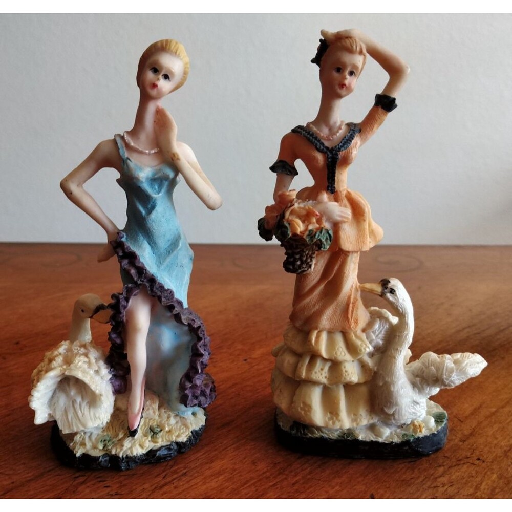 Lot of 2 Vintage Figurines Lady Swan Art Deco Dramatic Poses Resin 5.5"